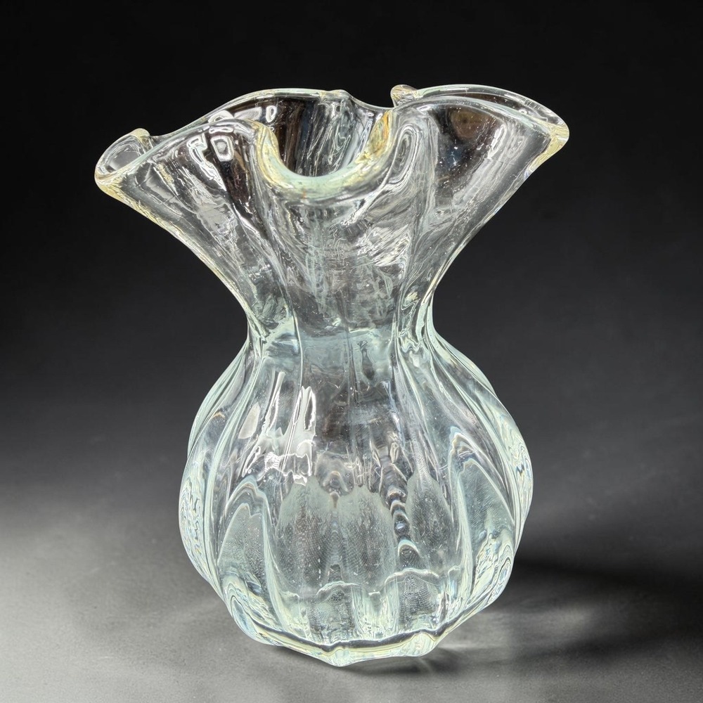 Vintage Hand Blown Clear Glass Ruffled Handkerchief Bud Vase Ribbed 4 Inch
